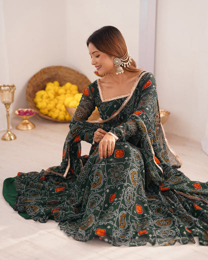GREEN COLOR BANDHEJ PRINT SOFT CHIFFON ANARKALI SUIT SET OF 3