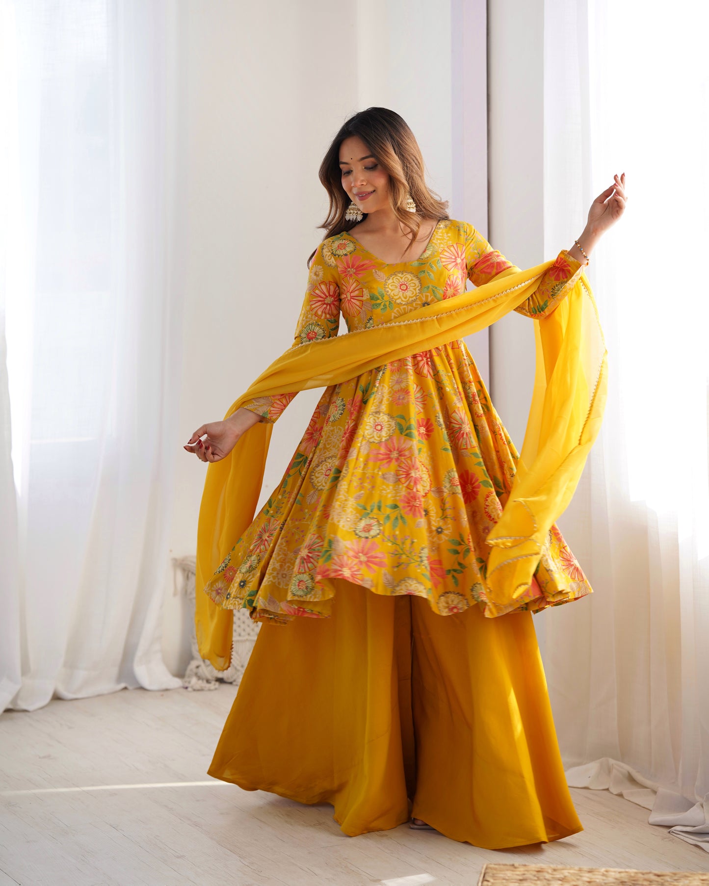CANARY COLOR ROMAN SILK BASE PRINTED PLAZZO SUIT SET OF 3