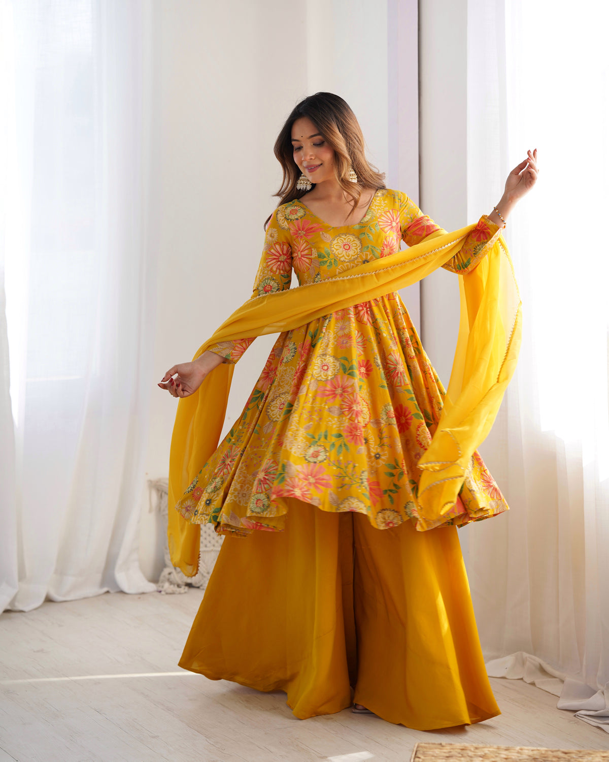 CANARY COLOR ROMAN SILK BASE PRINTED PLAZZO SUIT SET OF 3