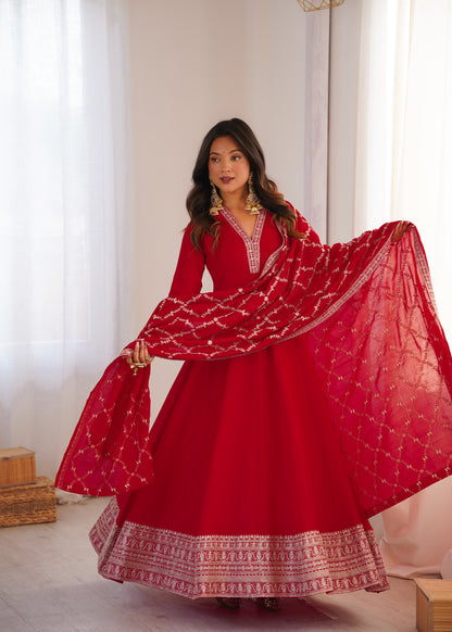 RED COLOR VICHITRA SILK EMBROIDERED GOWN