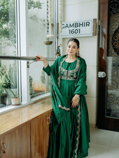 GREEN COLOR SILK BASE EMBROIDERED WORK ANARKALI SUIT SET OF 3