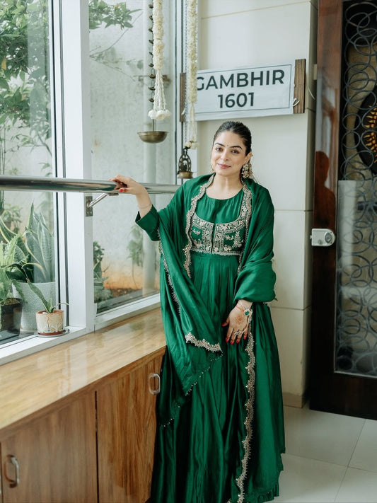 GREEN COLOR SILK BASE EMBROIDERED WORK ANARKALI SUIT SET OF 3