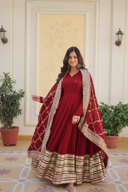 DESIGNER MAROON COLOR BLOOMING SEQUENCE EMBROIDERY WORK GOWN