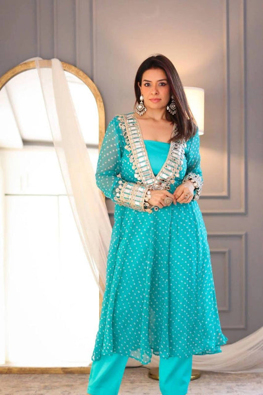TURQUOISE BLUE COLOR BANDHANI PRINT MIRROR WORK CO-ORD SET
