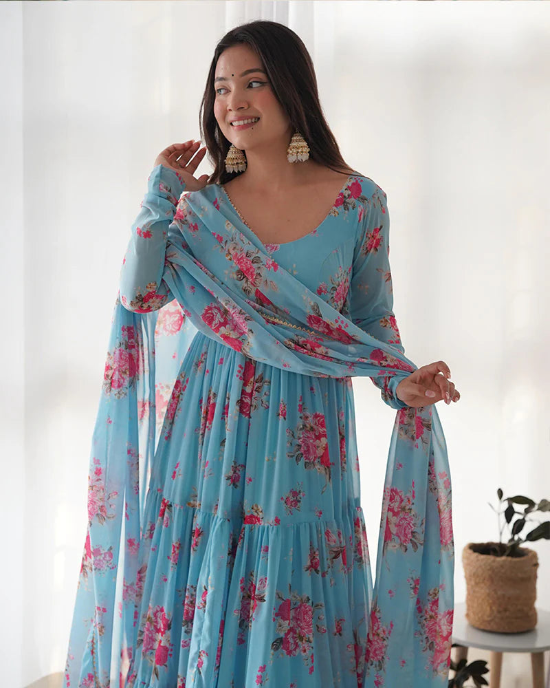 SKY BLUE COLOR GEORGETTE THREE LAYER RUFFLE STYLE ANARKALI SUIT