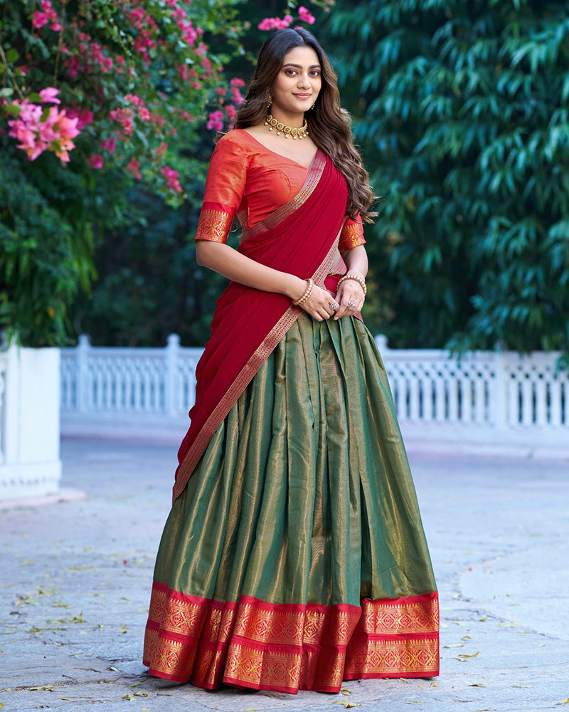 GREEN KANCHIPURAM SILK DESIGNER HALF SAREE