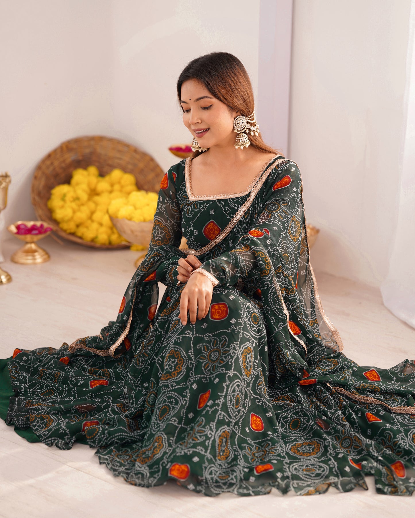 GREEN COLOR BANDHEJ PRINT SOFT CHIFFON ANARKALI SUIT SET OF 3