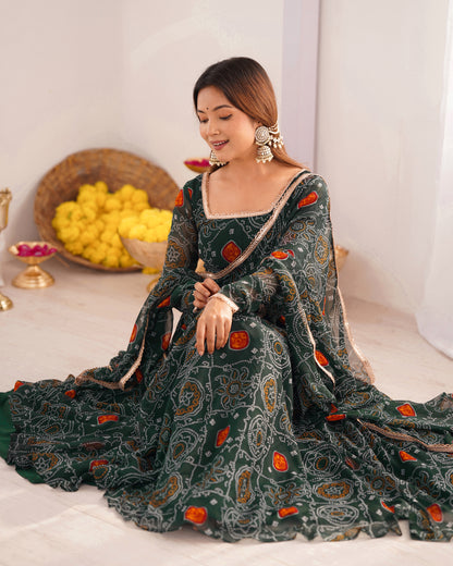 GREEN COLOR BANDHEJ PRINT SOFT CHIFFON ANARKALI SUIT SET OF 3
