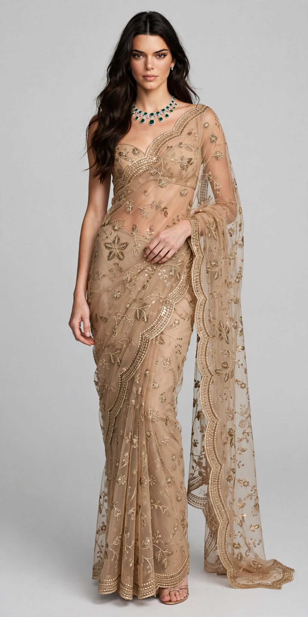 BEIGE EMBROIDERED DESIGNER NET SAREE