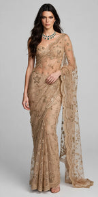 BEIGE EMBROIDERED DESIGNER NET SAREE