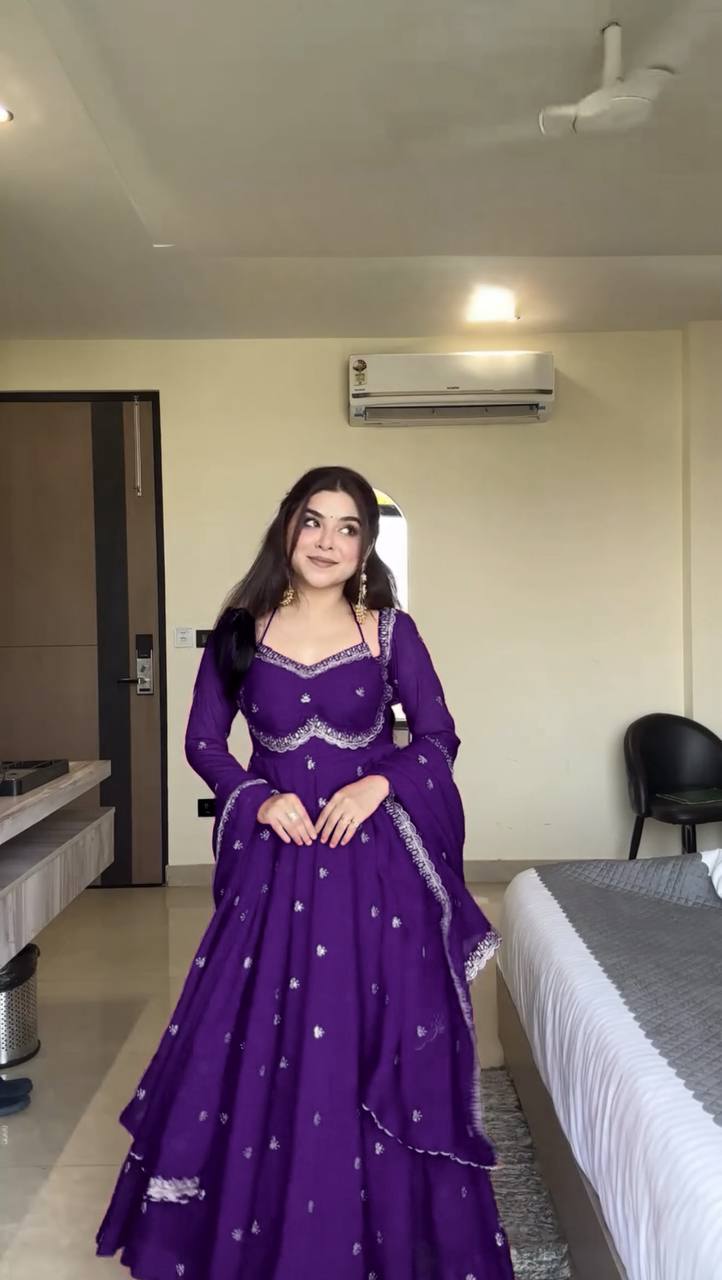 PURPLE RITUAL GEORGETTE BASE ANARKALI GOWN SET OF 3