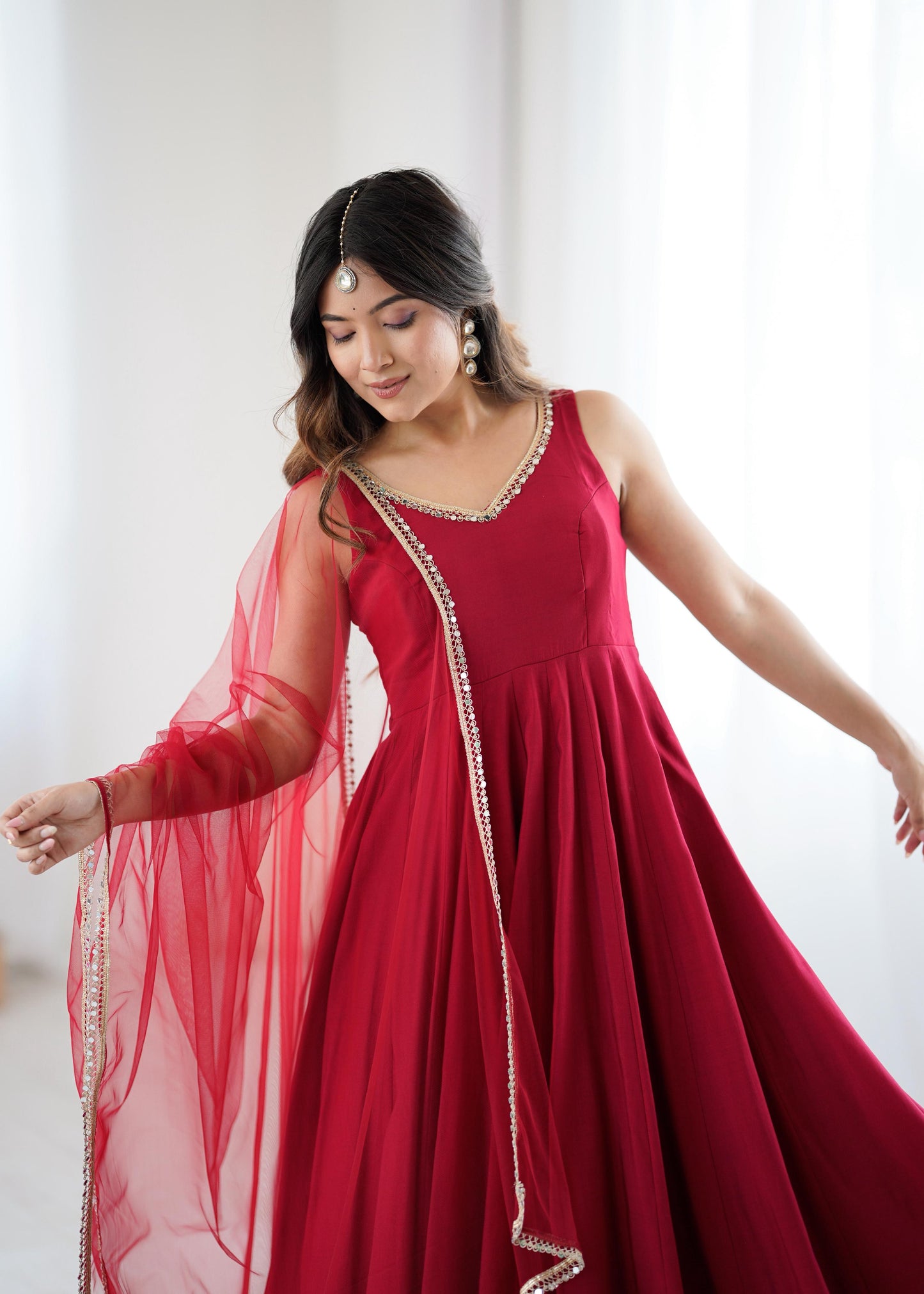 MAROON COLOR PURE ROMANSILK CHANDERI FABRIC BASE FULLY FLAIR ANARKALI SUIT SET OF 3