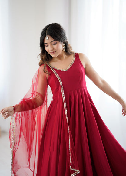 MAROON COLOR PURE ROMANSILK CHANDERI FABRIC BASE FULLY FLAIR ANARKALI SUIT SET OF 3