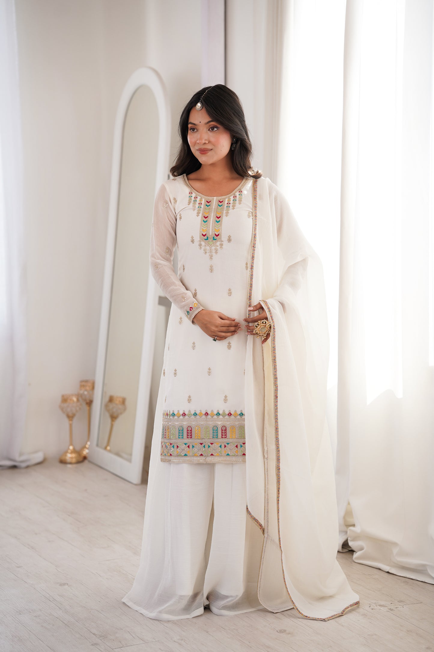 WHITE COLOR CRUNCHY SILK EMBROIDERED PLAZZO SUIT