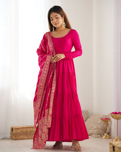 RANI PINK COLOR PURE ROMAN SILK RUFFLE STYLE ANARKALI SUIT SET OF 3