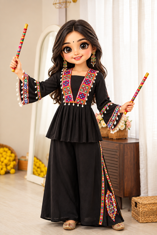 DESIGNER BLACK NAVRATRI SPECIAL KUTCHI MIRROR WORK FLARED KURTA PALAZZO SET