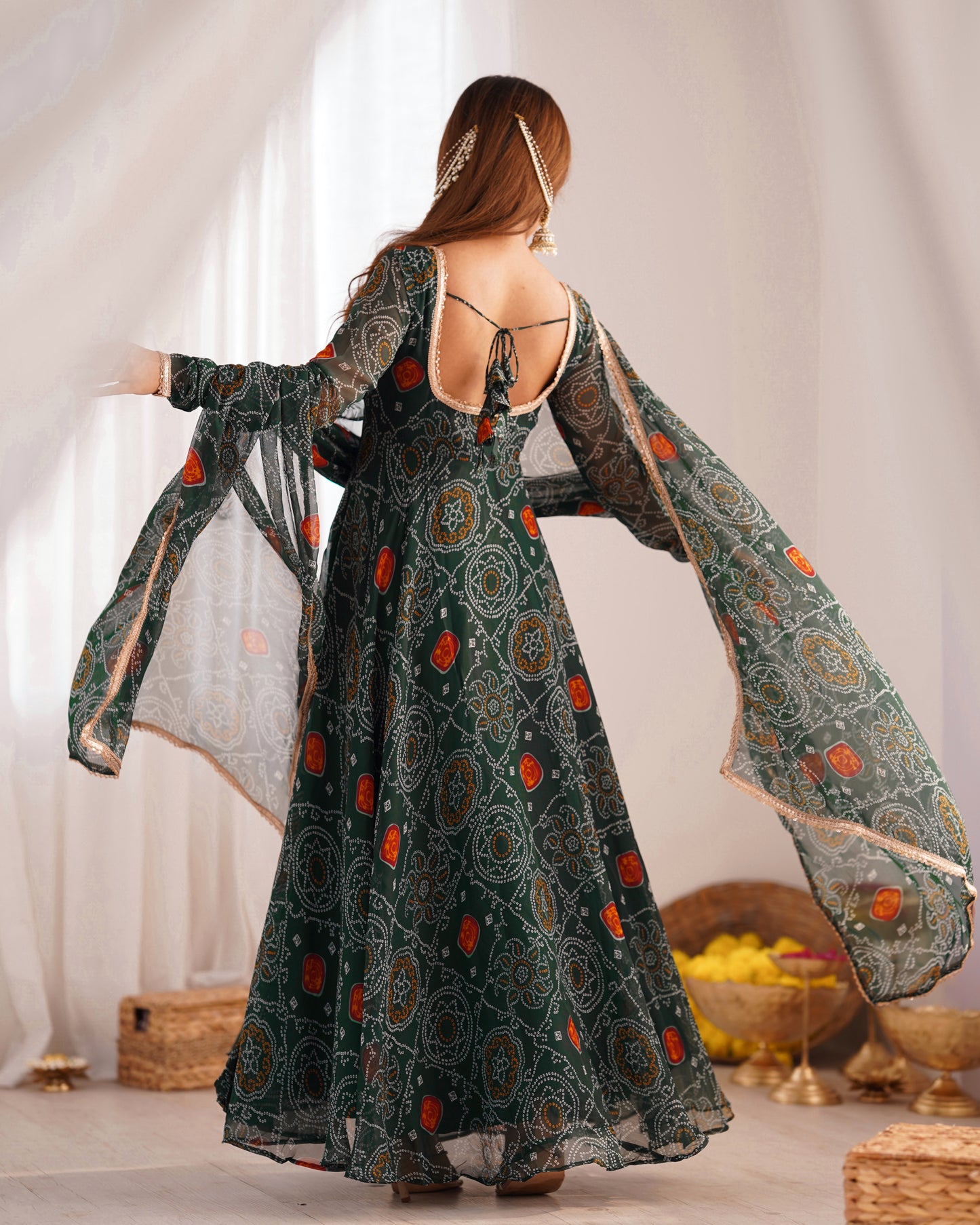 GREEN COLOR BANDHEJ PRINT SOFT CHIFFON ANARKALI SUIT SET OF 3