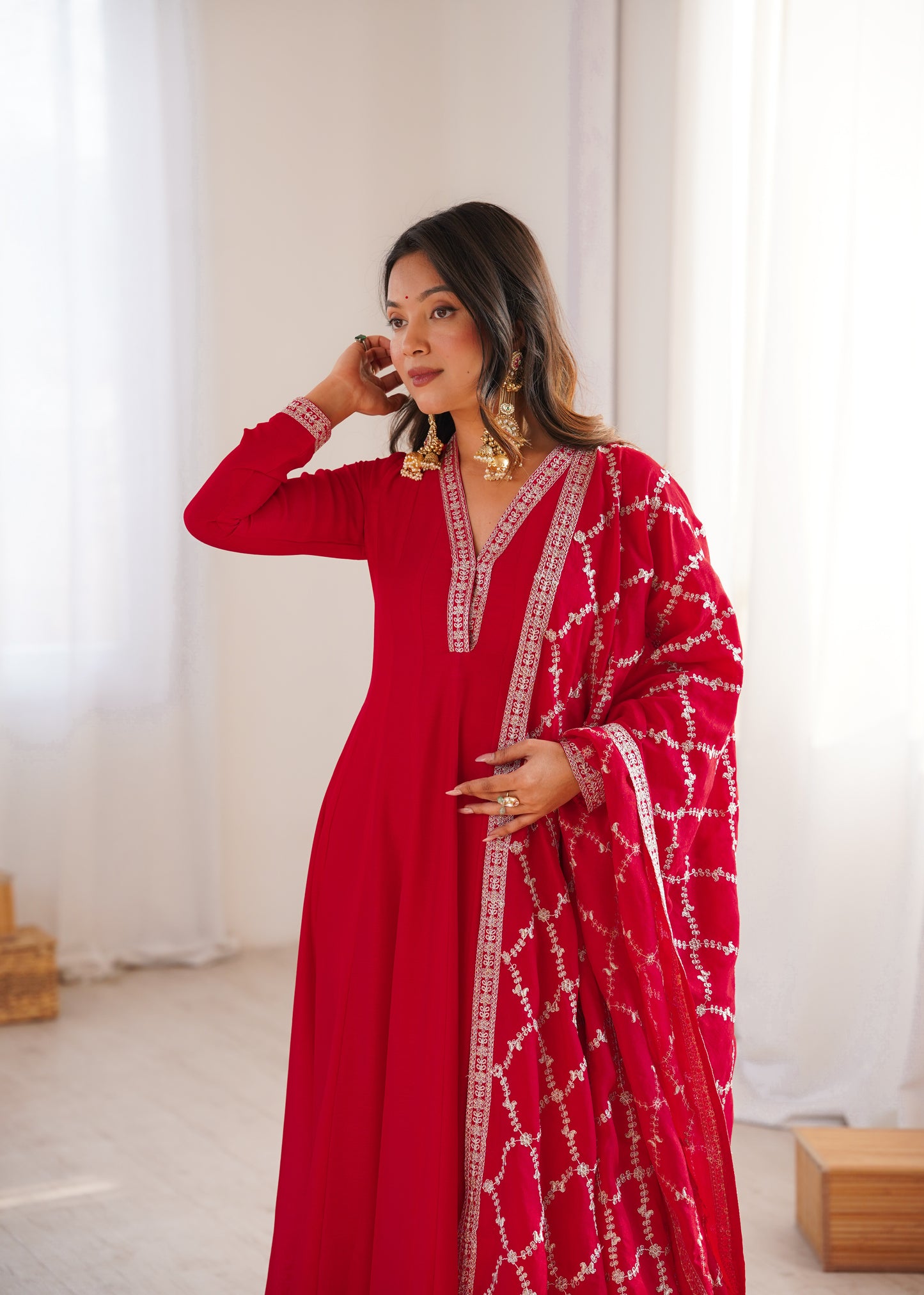 RED COLOR VICHITRA SILK EMBROIDERED GOWN