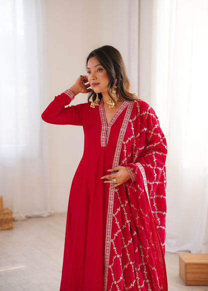 RED COLOR VICHITRA SILK EMBROIDERED GOWN