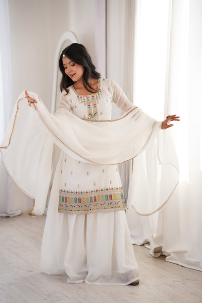 WHITE COLOR CRUNCHY SILK EMBROIDERED PLAZZO SUIT