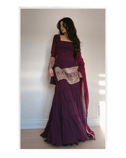 WINE COLOR GEORGETTE BASE EMBROIDERED WORK SHARARA SUIT SET OF 3