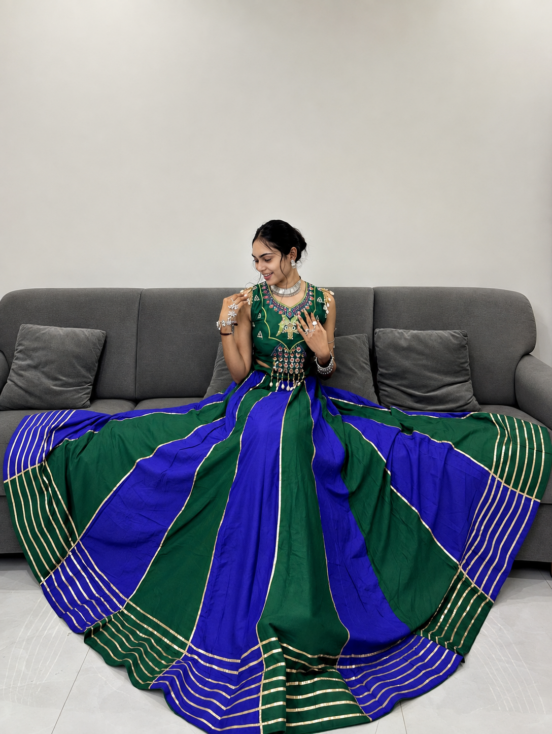 ROYAL BLUE & EMERALD GREEN HEAVY LACE WORK NAVRATRI LEHENGA CHOLI