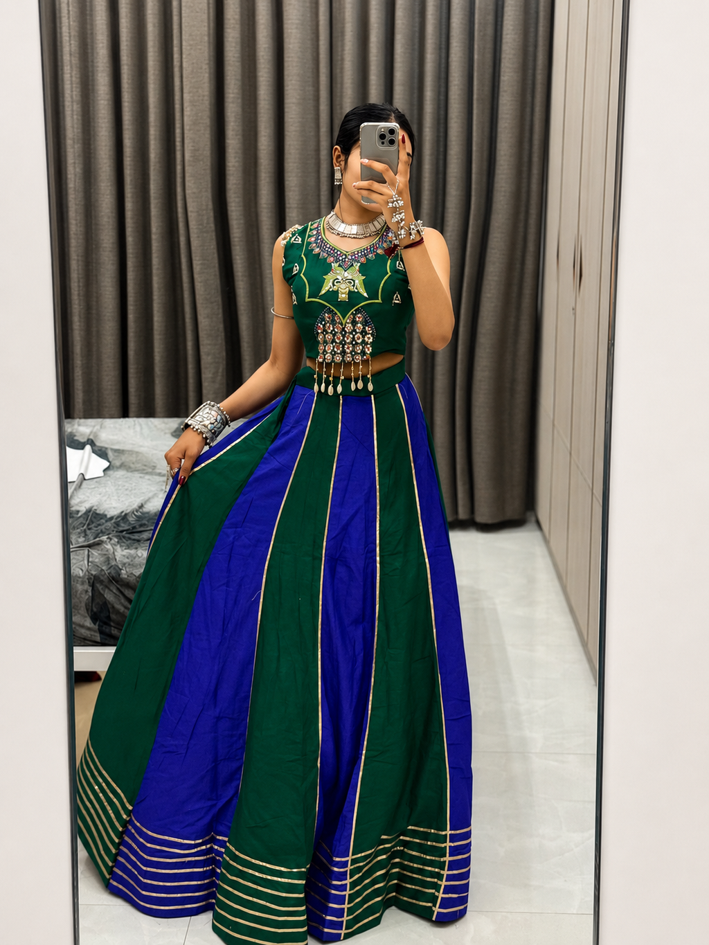 ROYAL BLUE & EMERALD GREEN HEAVY LACE WORK NAVRATRI LEHENGA CHOLI