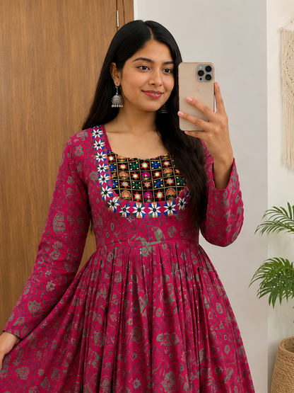 FUCHSIA BLOOM EMBROIDERED FESTIVE KURTI