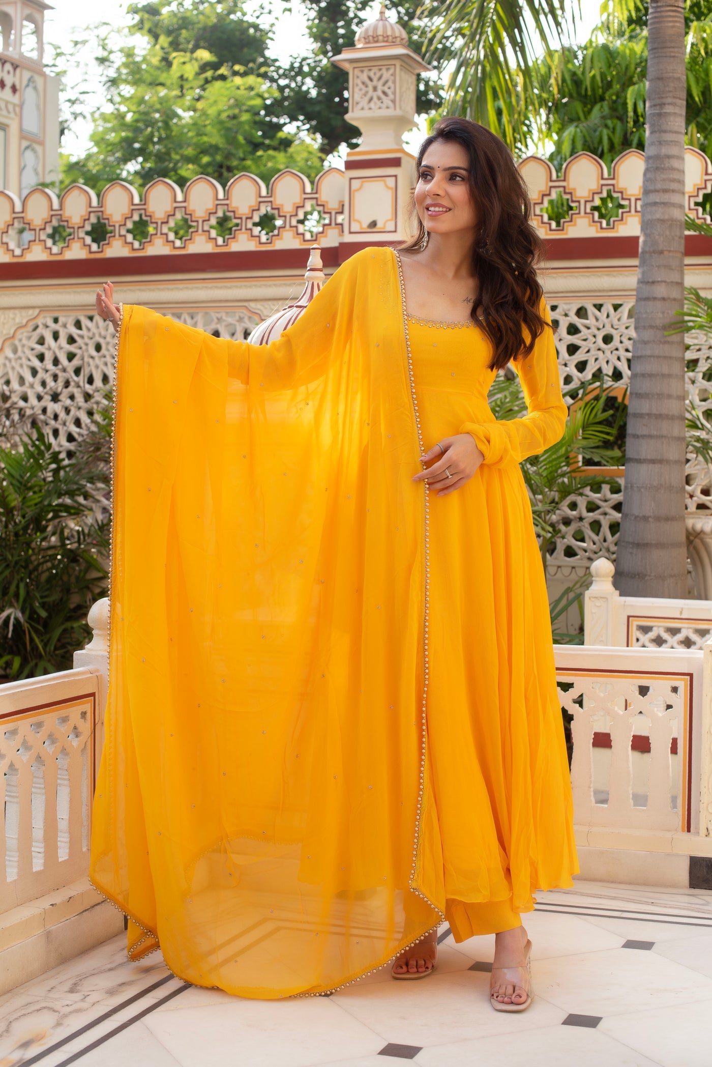 YELLOW COLOR PREMIUM HANDWORK ANARKALI SUIT SET