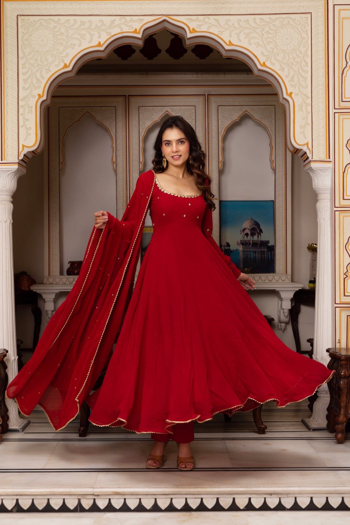 RED COLOR GEORGETTE BASE HAND WORK ANARKALI SUIT SET OF 3