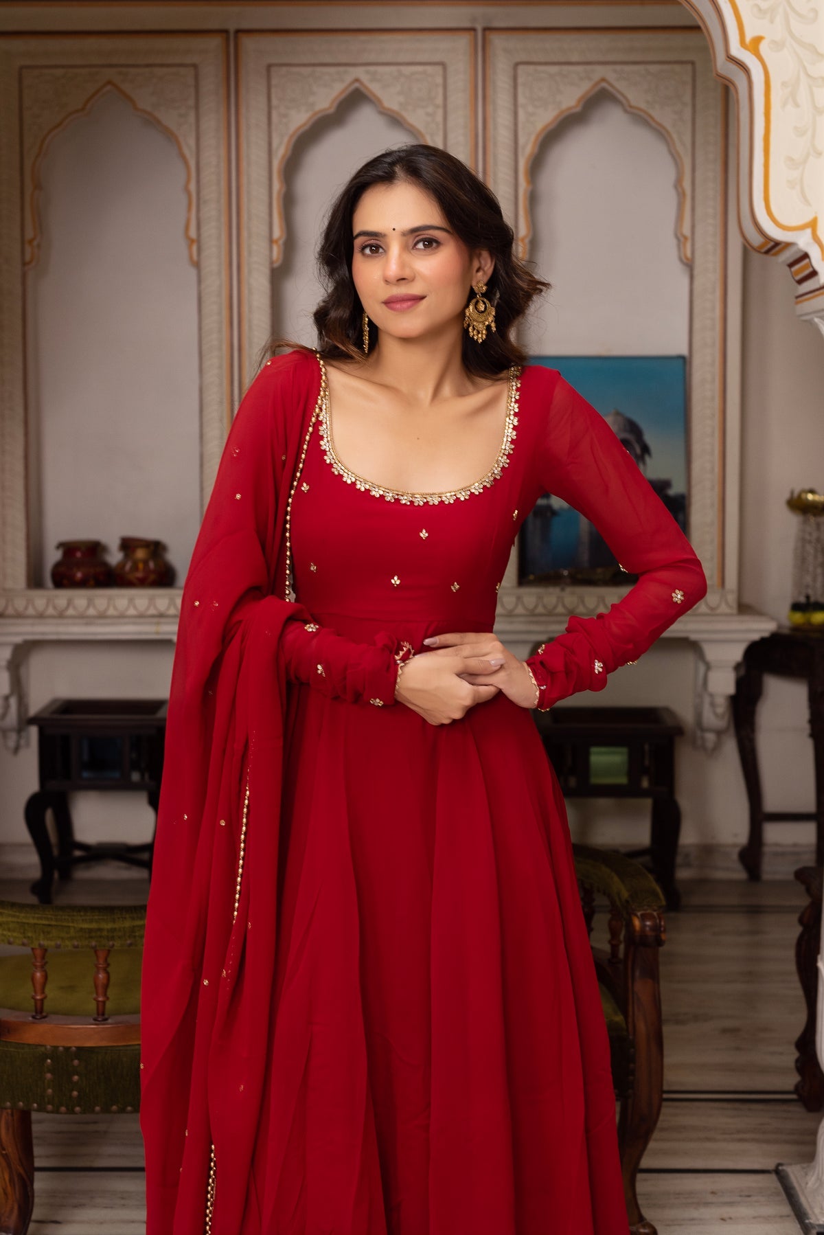 red anarkali dress RED COLOR GEORGETTE BASE HAND WORK ANARKALI SUIT SET OF 3 – Cholicart