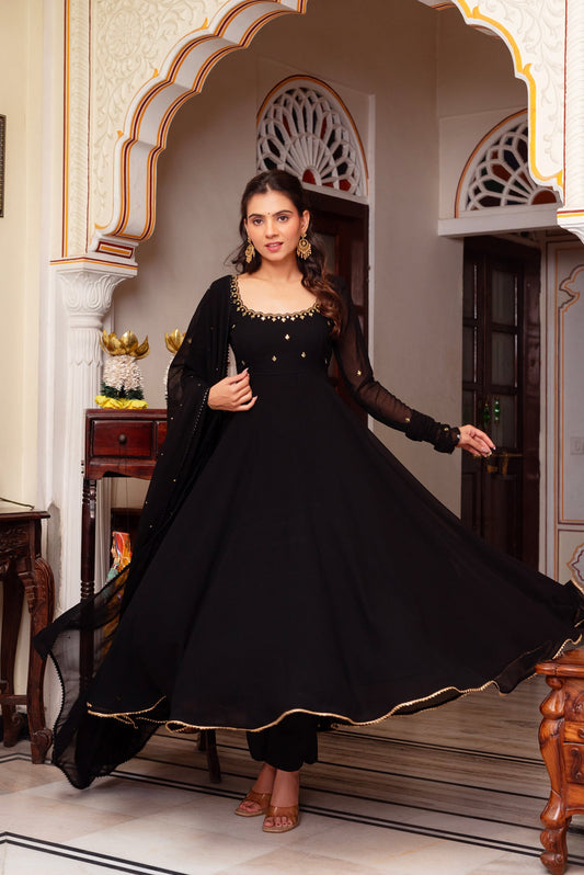 BLACK COLOR HAND WORK ANARKALI SUIT SET OF 3