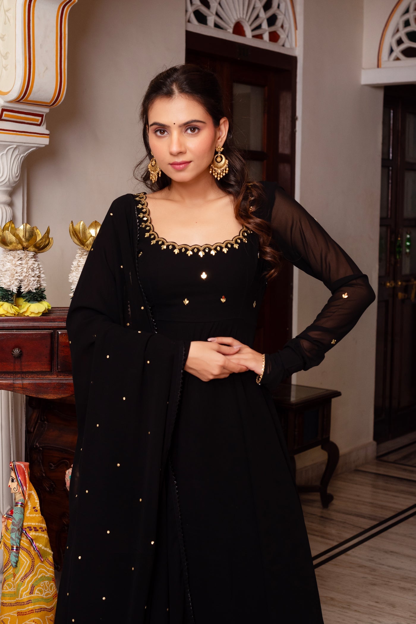 BLACK COLOR HAND WORK ANARKALI SUIT SET OF 3