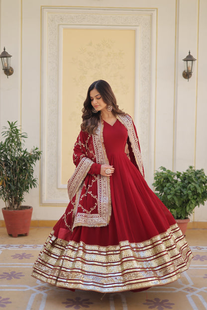DESIGNER MAROON COLOR BLOOMING SEQUENCE EMBROIDERY WORK GOWN