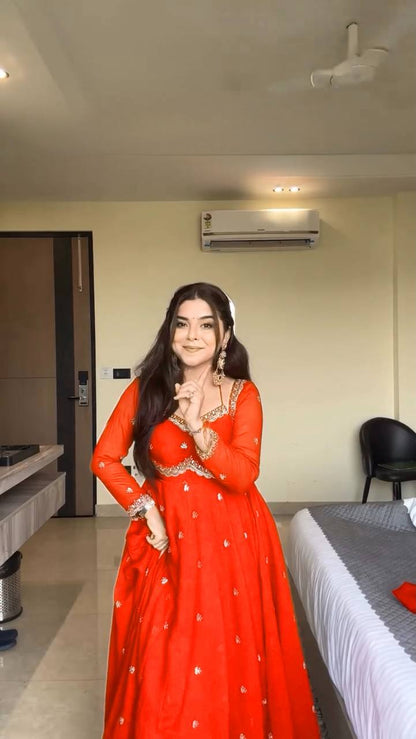 ORANGE RITUAL GEORGETTE BASE ANARKALI GOWN SET OF 3