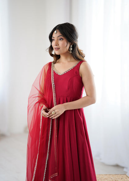 MAROON COLOR PURE ROMANSILK CHANDERI FABRIC BASE FULLY FLAIR ANARKALI SUIT SET OF 3