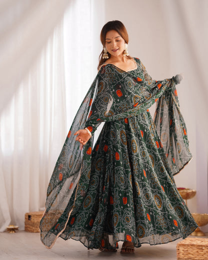 GREEN COLOR BANDHEJ PRINT SOFT CHIFFON ANARKALI SUIT SET OF 3