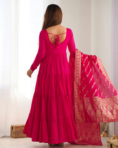 RANI PINK COLOR PURE ROMAN SILK RUFFLE STYLE ANARKALI SUIT SET OF 3