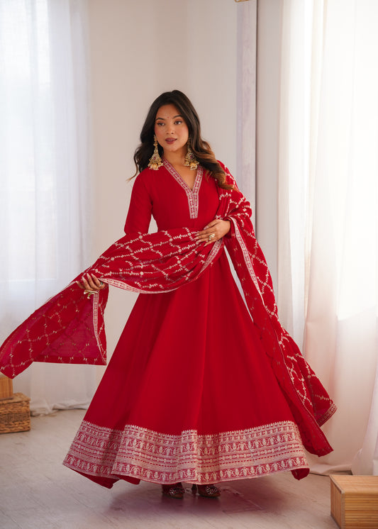 RED COLOR VICHITRA SILK EMBROIDERED GOWN