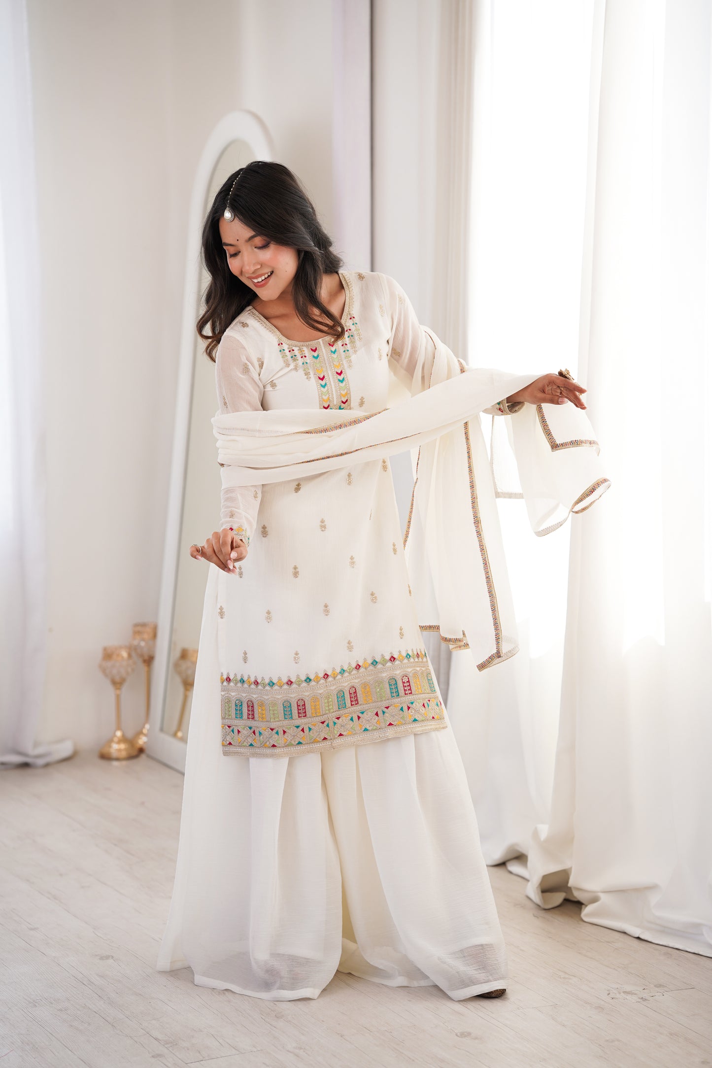 WHITE COLOR CRUNCHY SILK EMBROIDERED PLAZZO SUIT