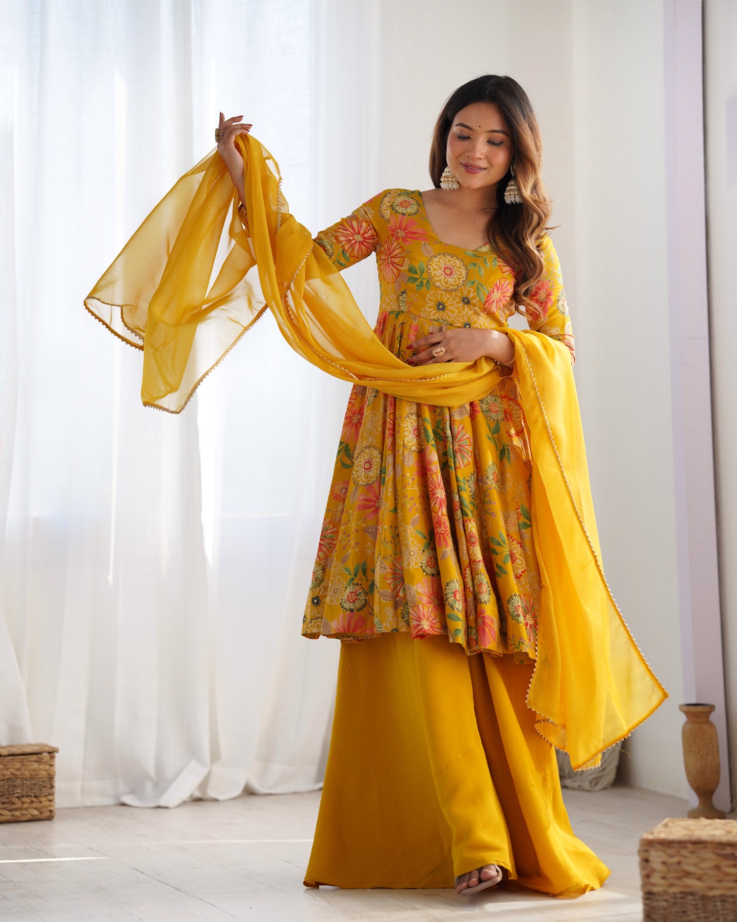 CANARY COLOR ROMAN SILK BASE PRINTED PLAZZO SUIT SET OF 3