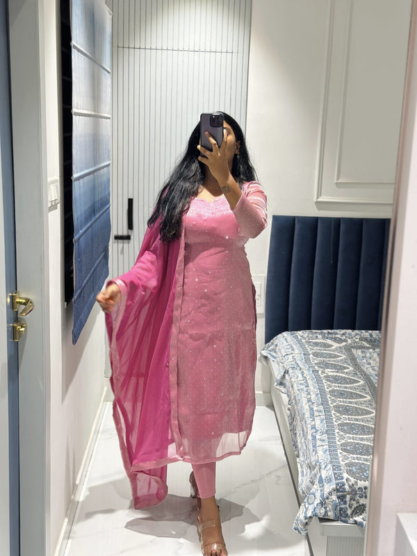 LIGHT PINK VISCOSE TISSUE KURTI SET