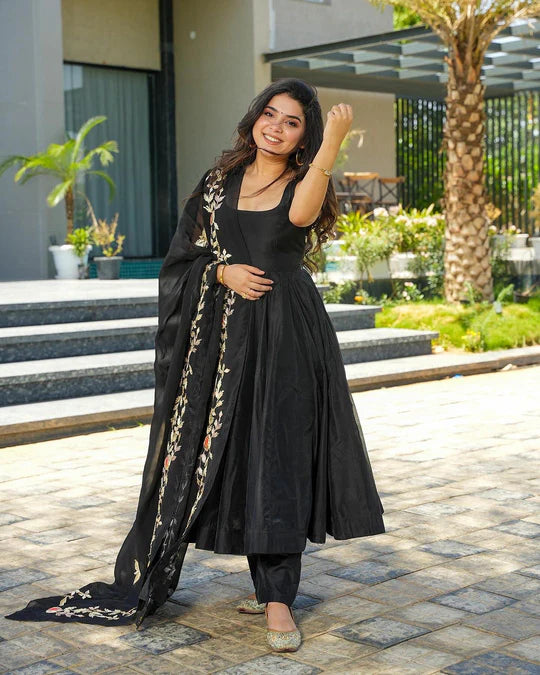 GLORIOUS BLACK COLOR GEORGETTE BASE DESIGNER LOOK ANARKALI SUIT WITH CHURIDAR AND EMBROIDERY WORK DUPATTA