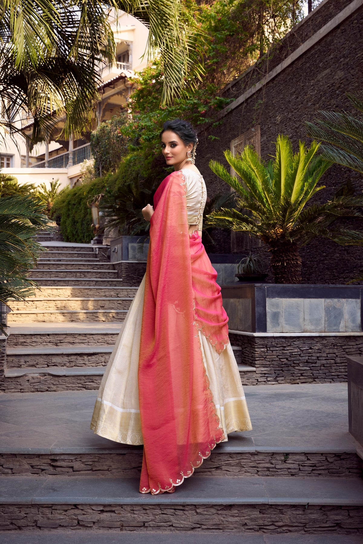 REGAL IVORY & CRIMSON PINK CUTWORK SILK HALF SAREE