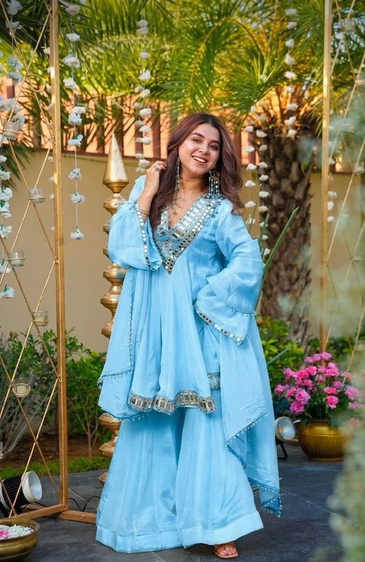 SKY COLOR CHINON SILK BASE SHARARA SET