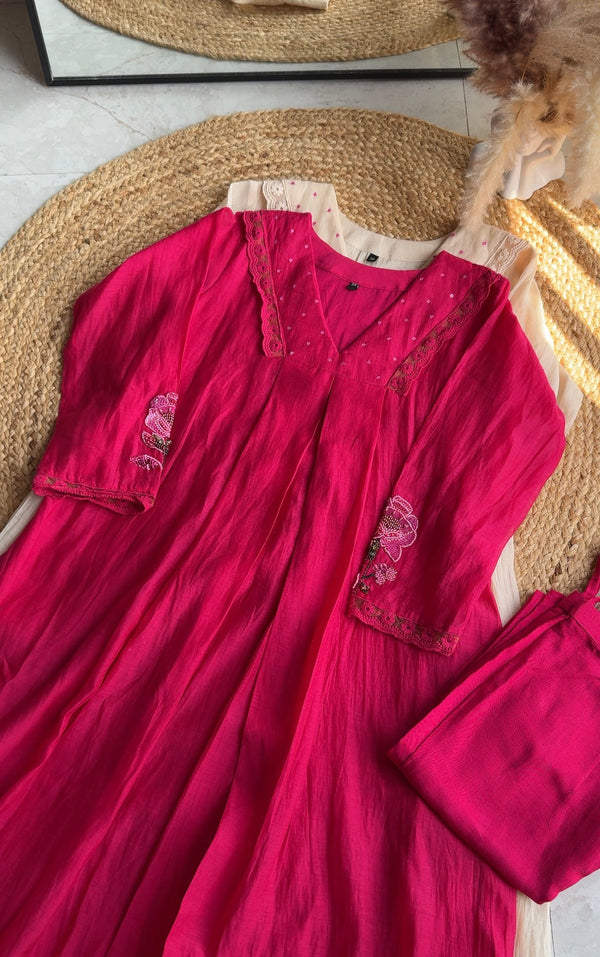 PINK COLOR A-LINE EMBROIDERED HAND WORK SLEEVE MUL COTTON DRESS