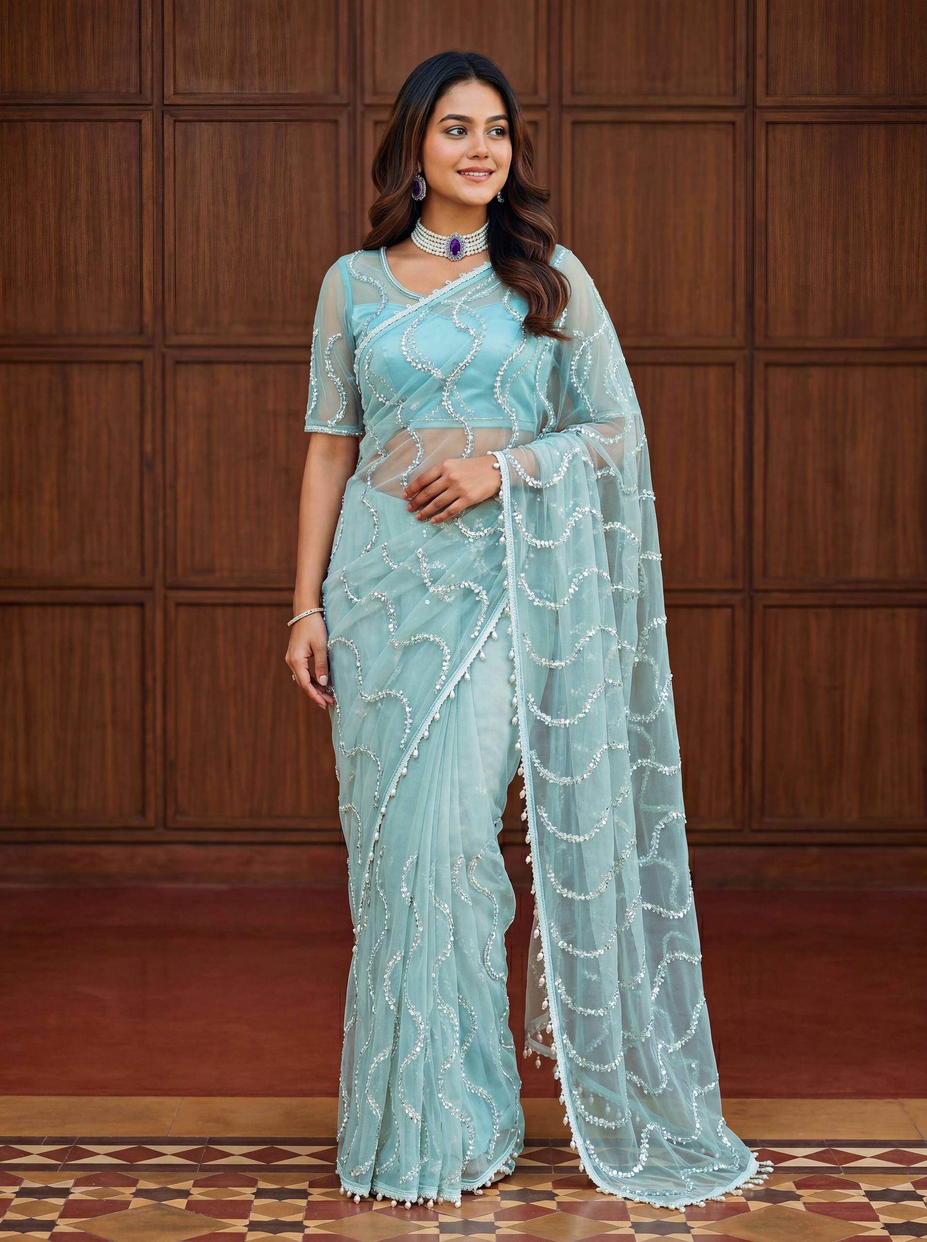 SKY BLUE COLOR DESIGNER LOOK HANDWORK SAREE