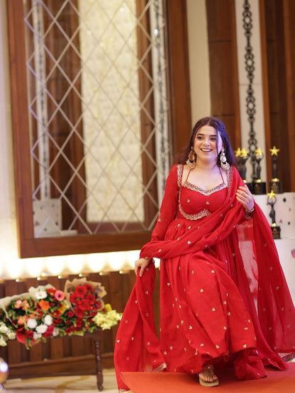 RED RITUAL GEORGETTE BASE ANARKALI GOWN SET OF 3
