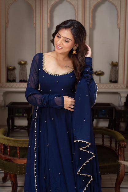 BLUE COLOR GEORGETTE BASE HANDWORK ANARKALI SUIT