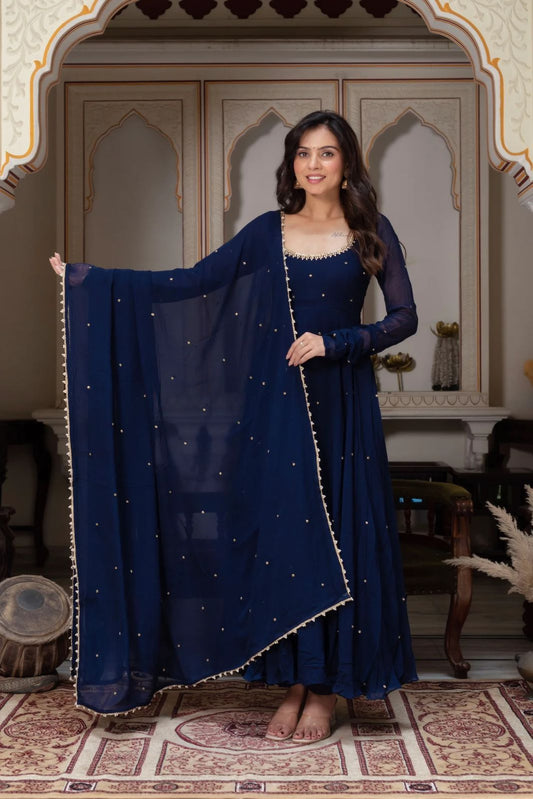 BLUE COLOR GEORGETTE BASE HANDWORK ANARKALI SUIT